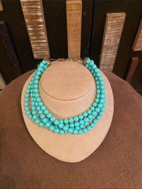 Vintage Turquoise Blue Multi Strand Bead Statement Necklace J Hook Mid Century